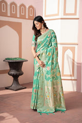 Sea Green Banarasi Cotton Silk Zari Woven Saree