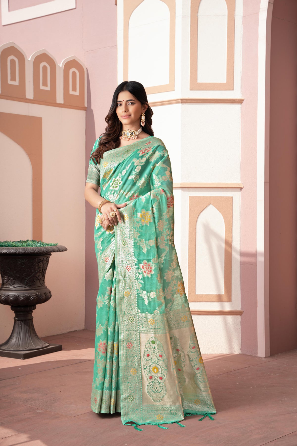 Sea Green Banarasi Cotton Silk Zari Woven Saree