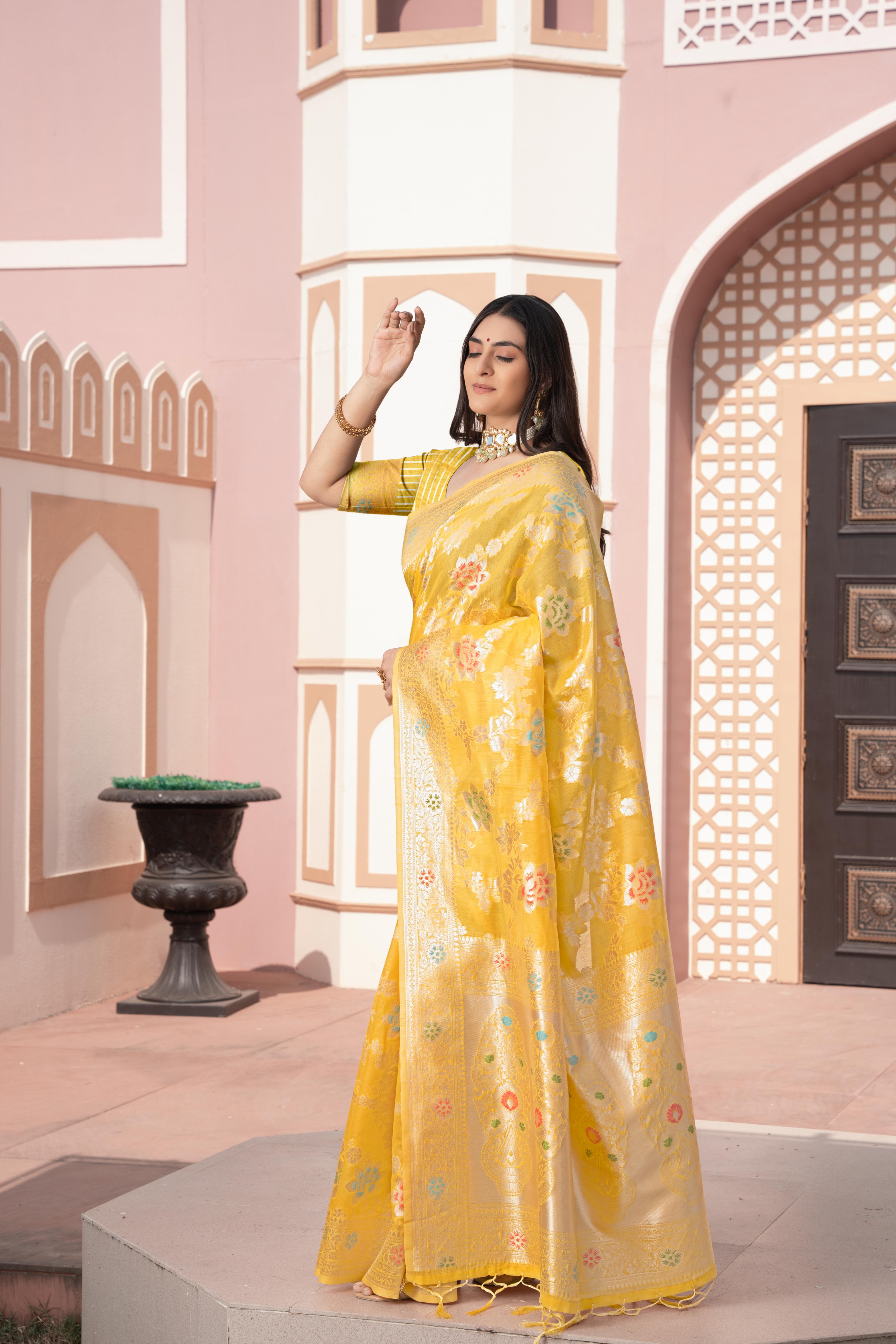 Yellow Banarasi Cotton Silk Zari Woven Saree