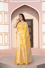 Yellow Banarasi Cotton Silk Zari Woven Saree