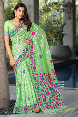 Green Floral Soft Cotton Saree