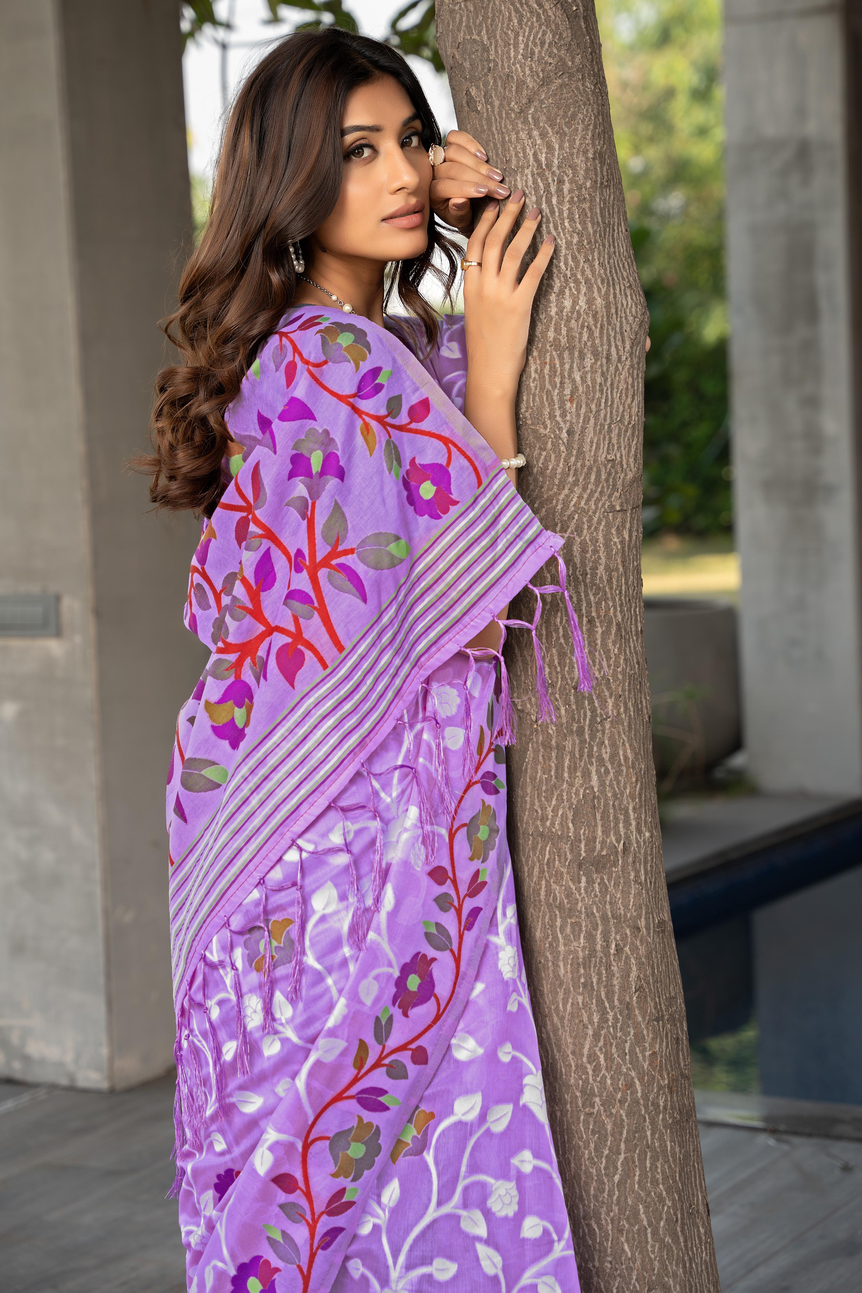 Lavender Floral Soft Cotton Saree