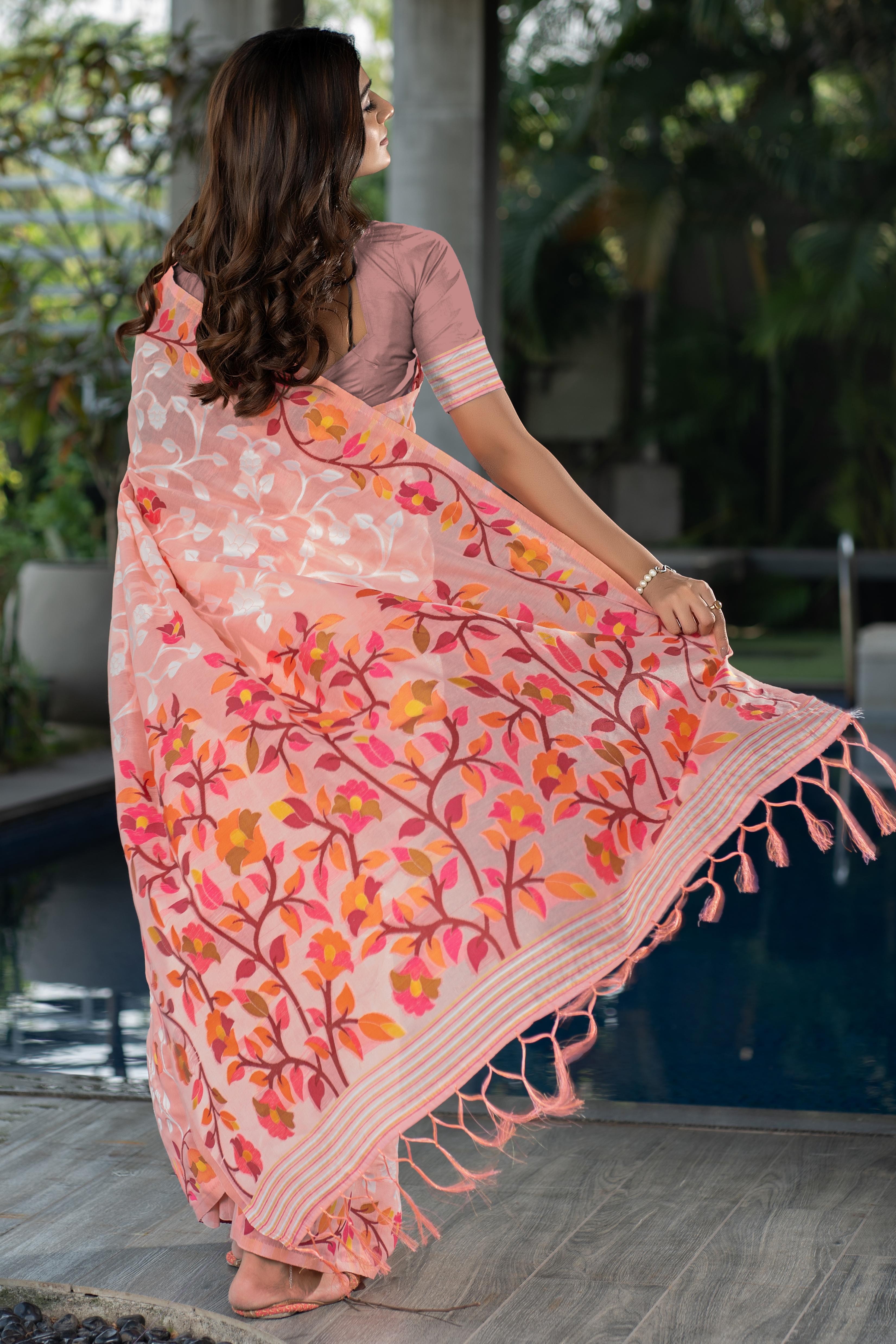 Peach Floral Soft Cotton Saree