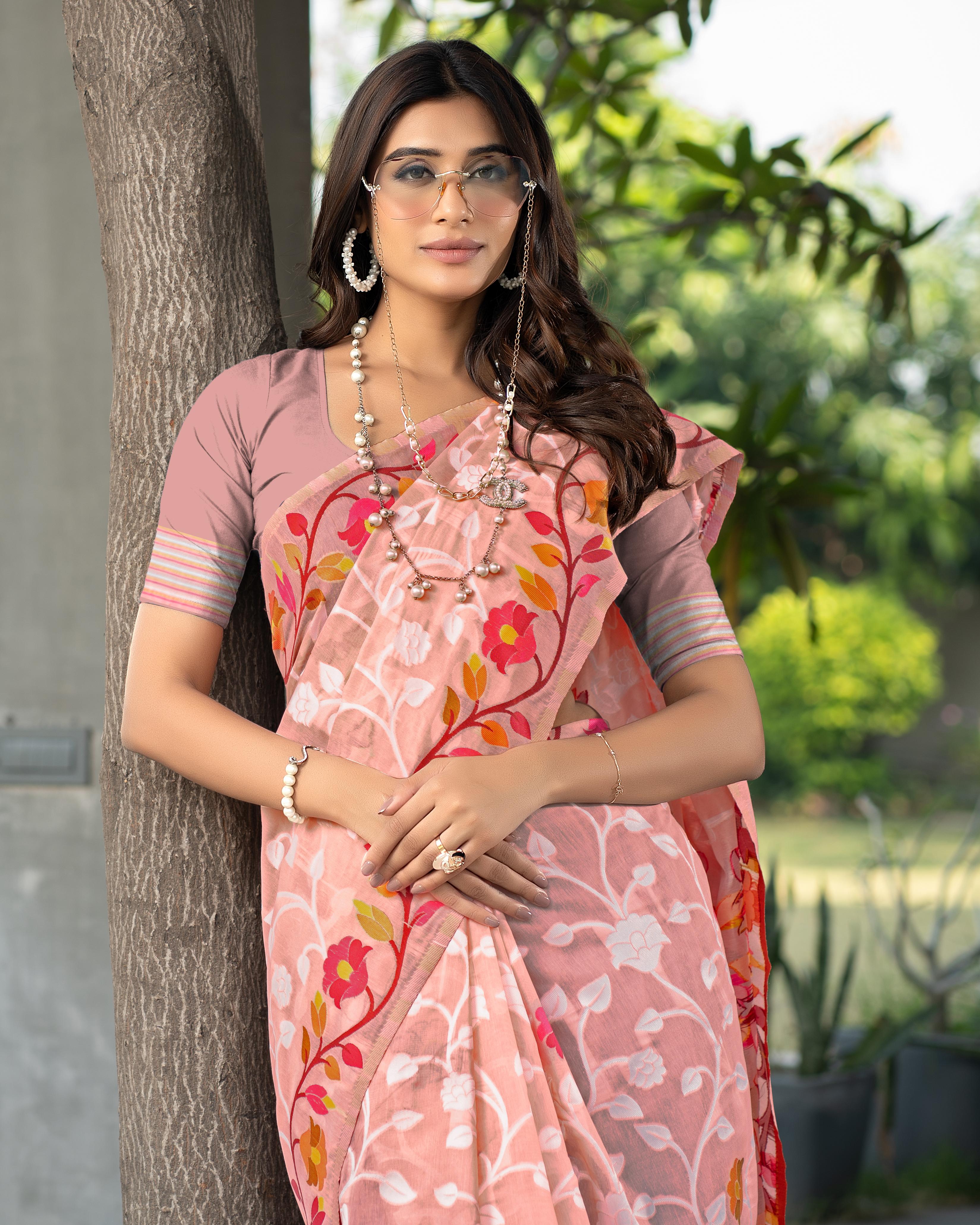 Peach Floral Soft Cotton Saree