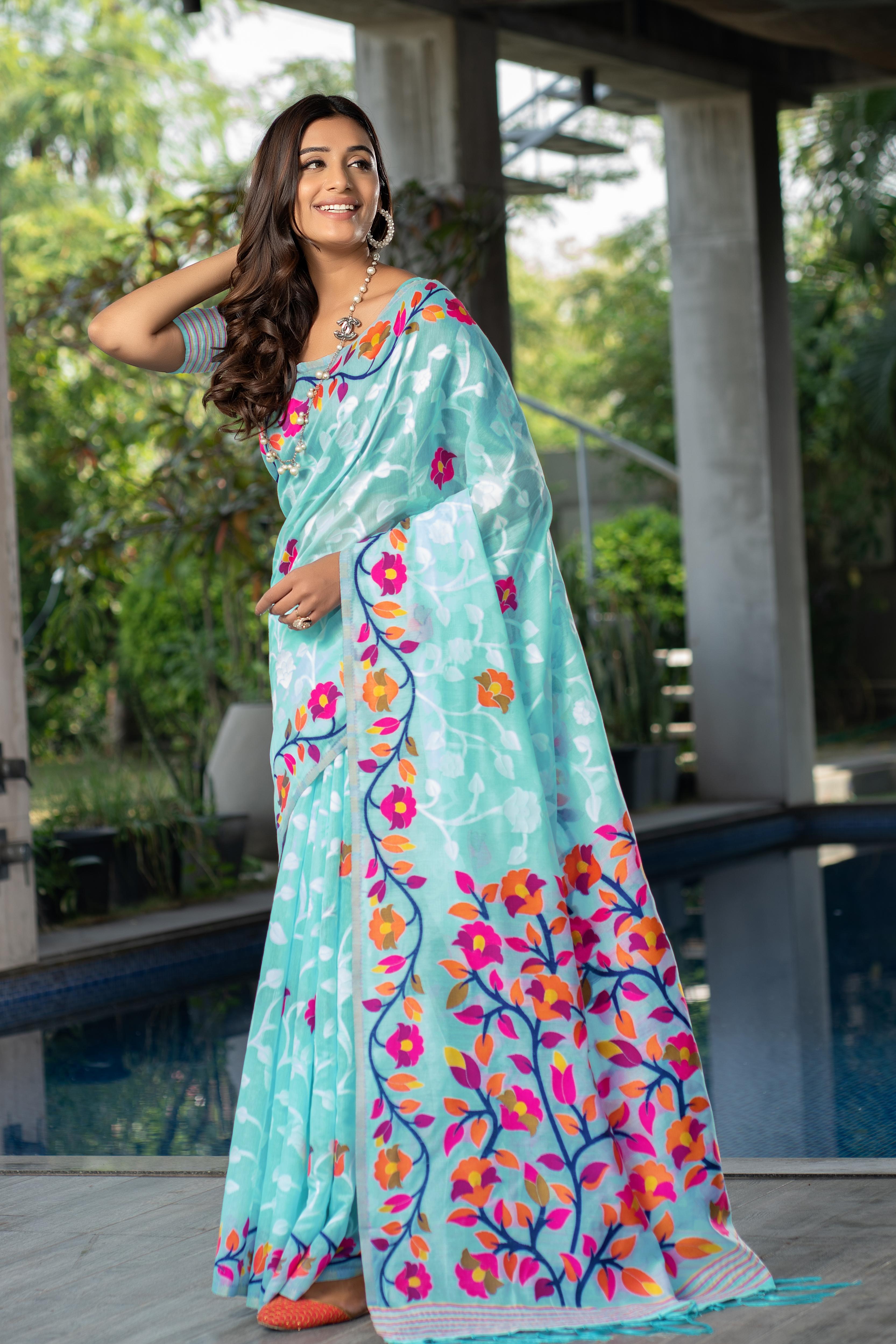 Sky Blue Floral Soft Cotton Saree