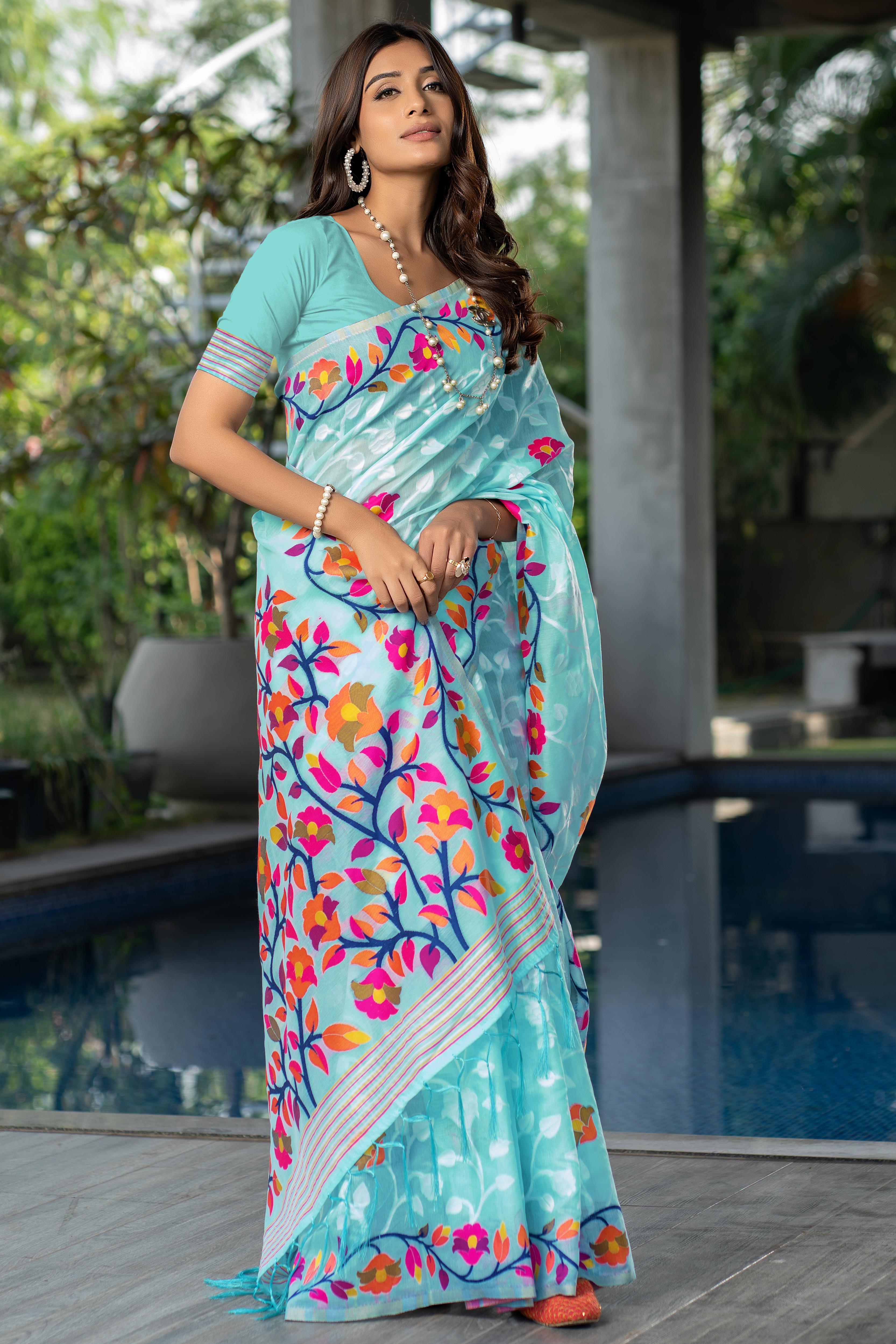 Sky Blue Floral Soft Cotton Saree