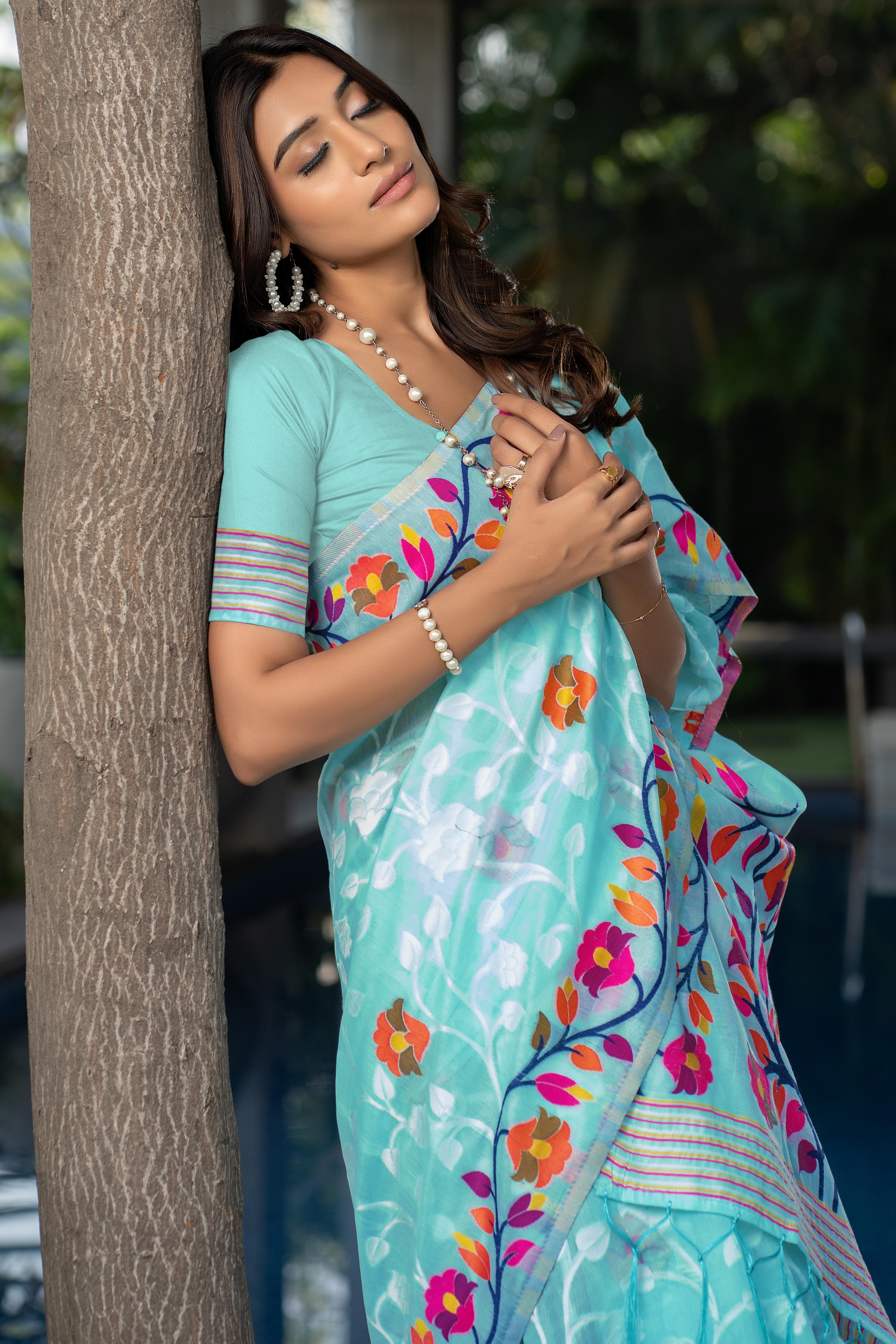 Sky Blue Floral Soft Cotton Saree