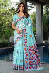 Sky Blue Floral Soft Cotton Saree