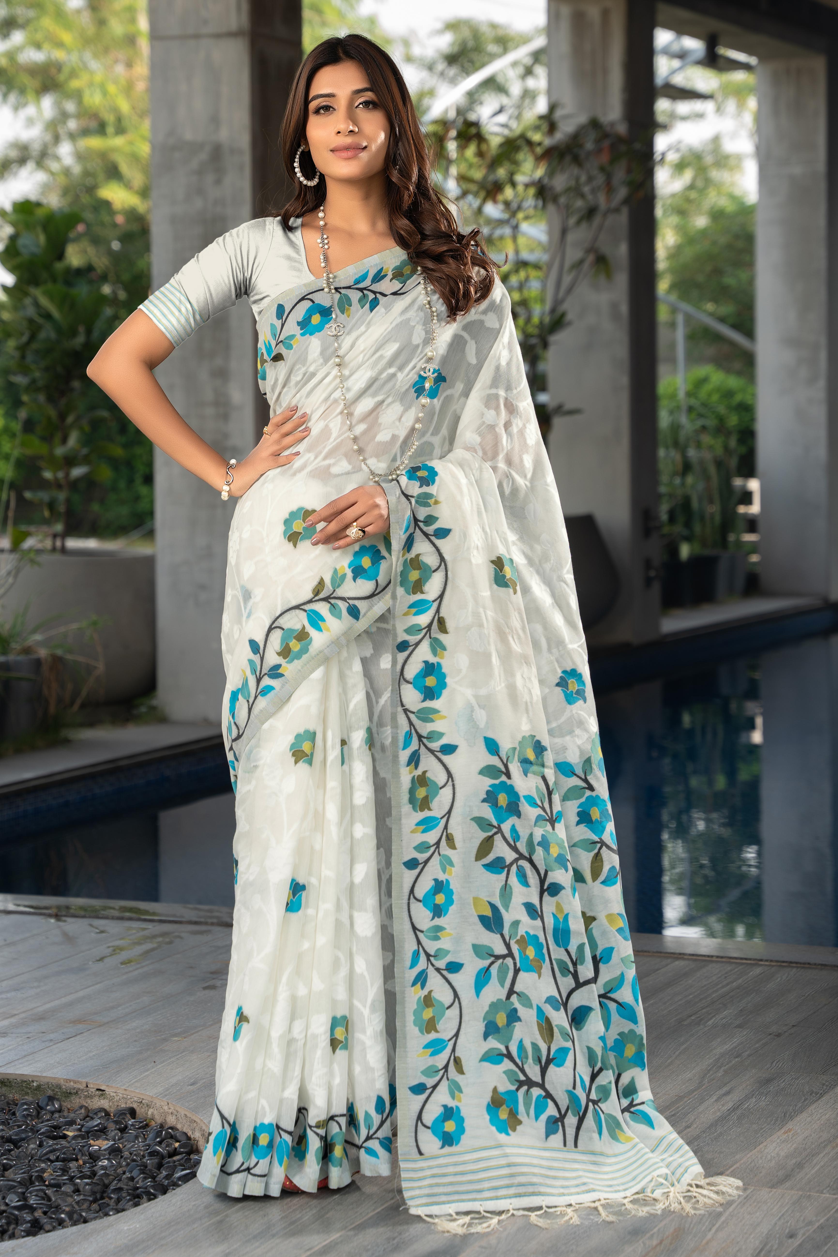 White Floral Soft Cotton Saree