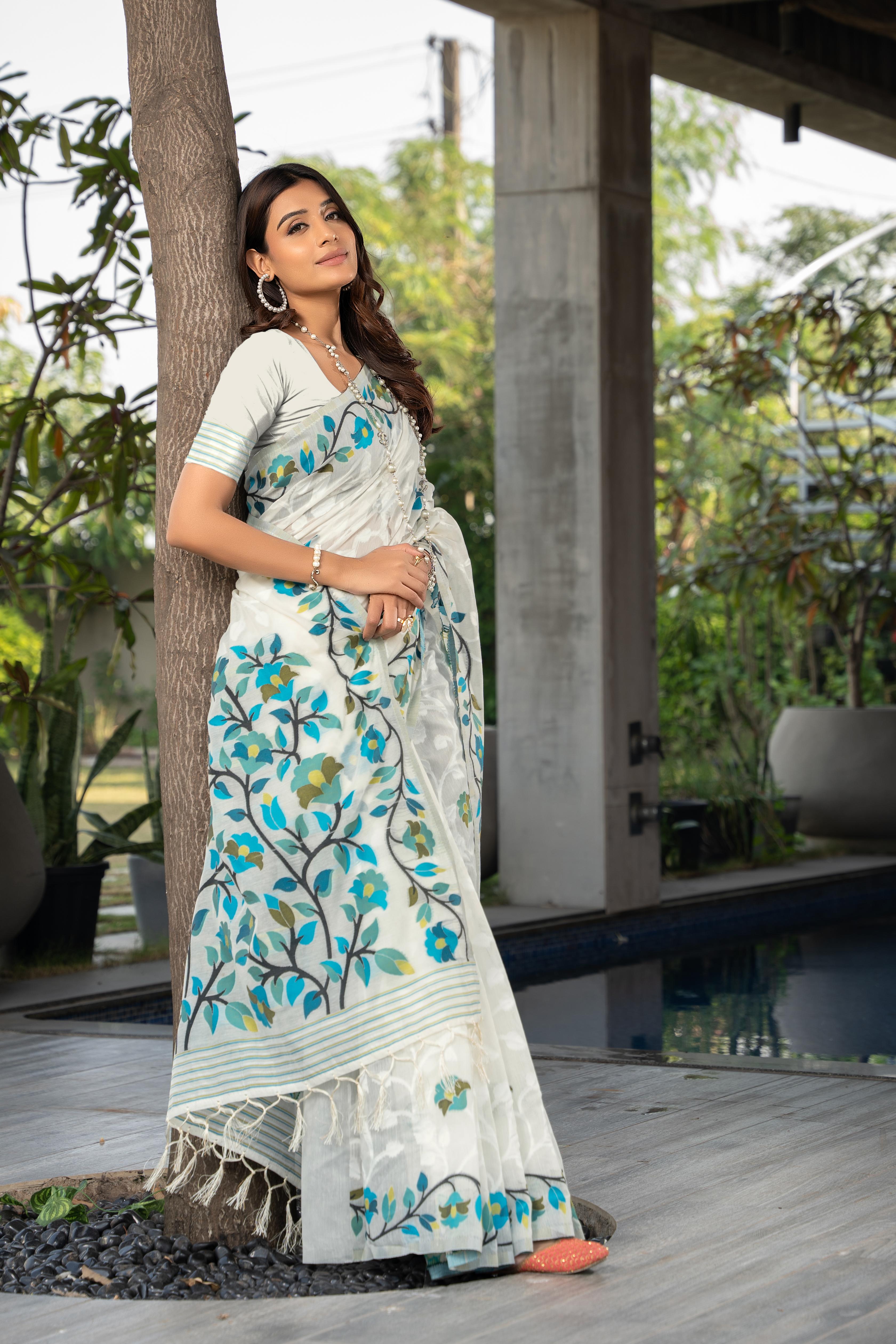 White Floral Soft Cotton Saree