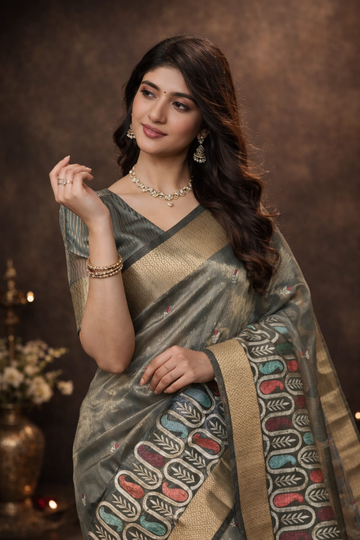 Blue Cotton Khadi Silk Saree