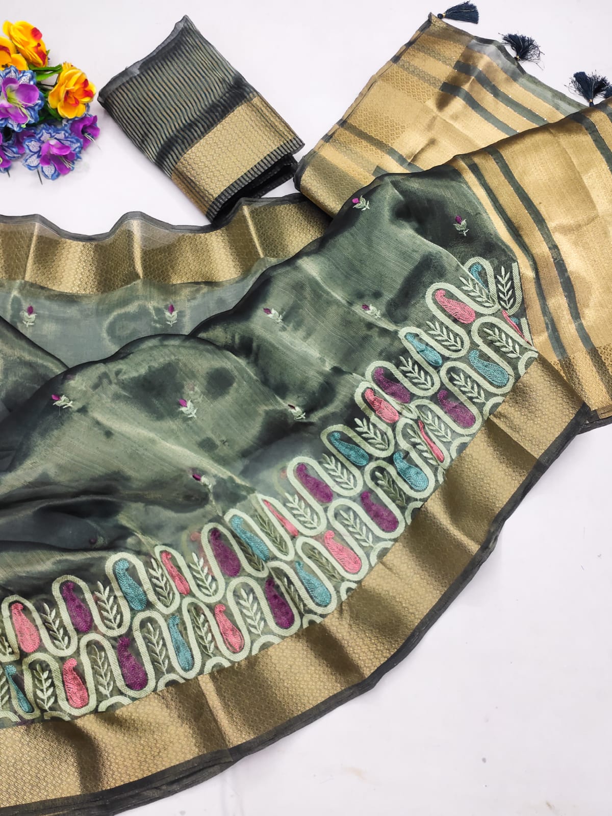 Blue Cotton Khadi Silk Saree with Sequence Work