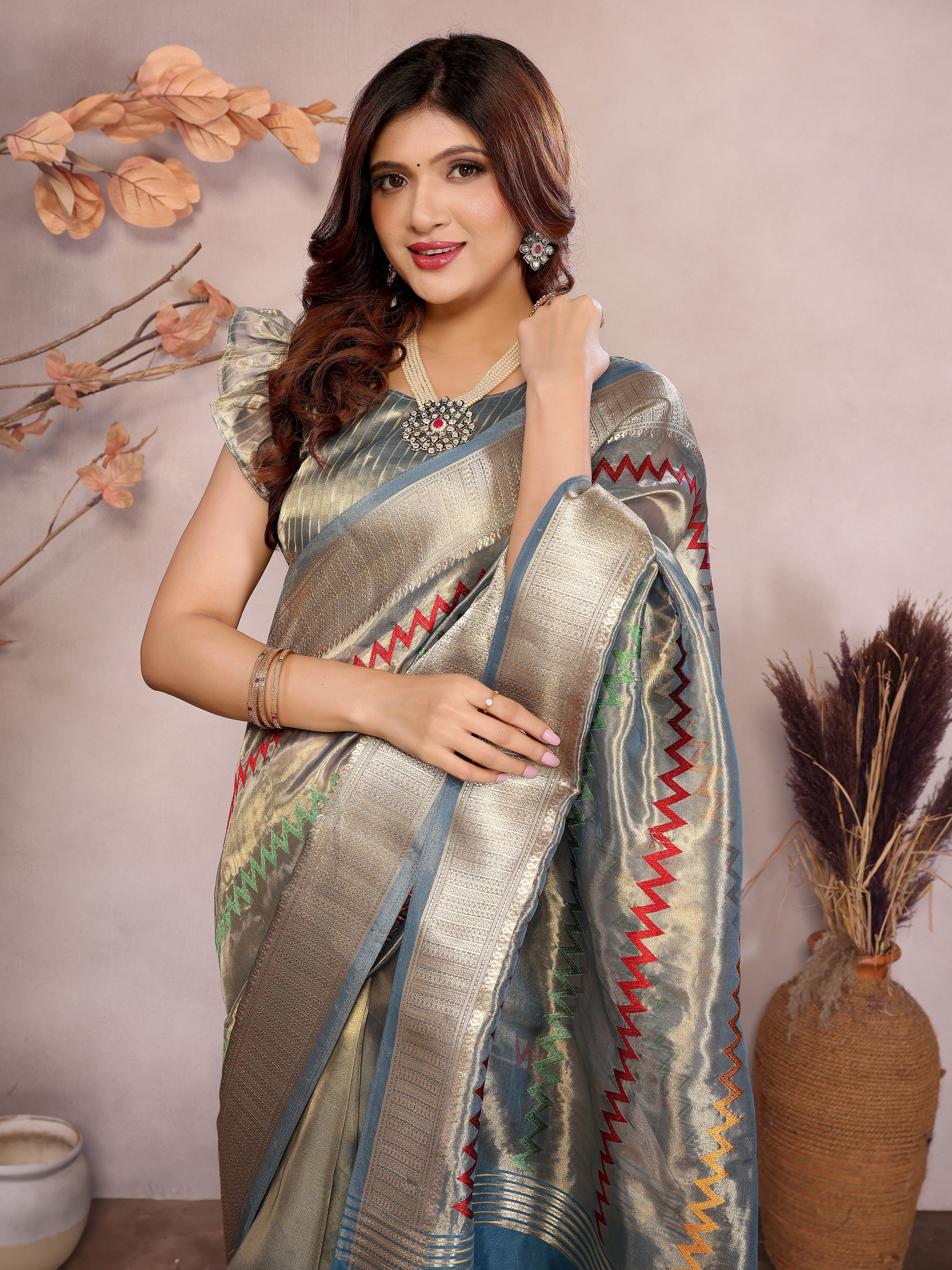 Rama color embroidered saree