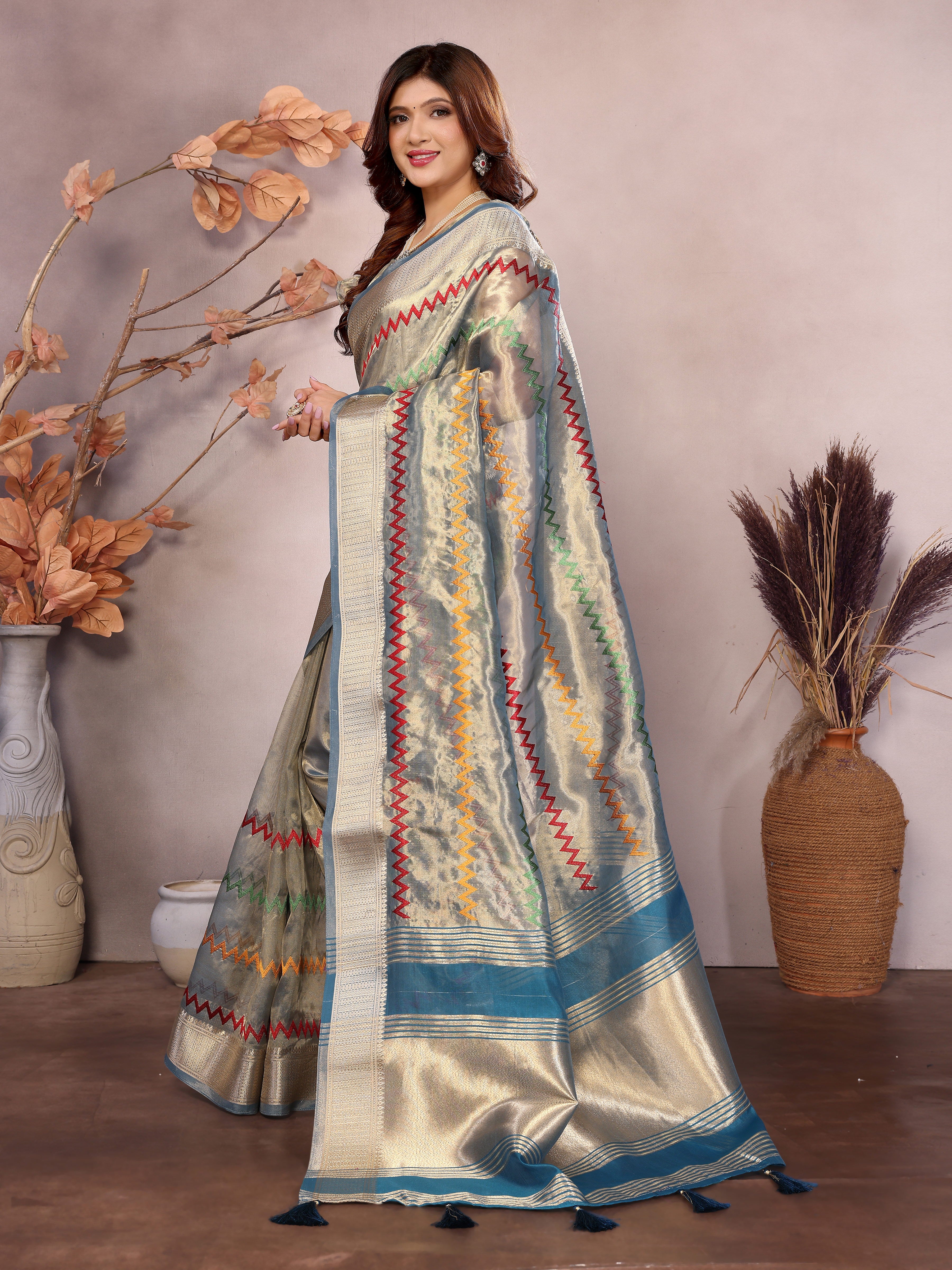 Rama cotton silk saree with thread embroidery work with tassels