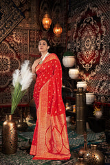 Red Banarasi silk blend saree with zari work border