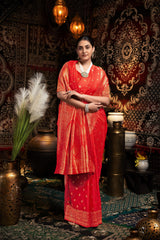 Red Banarasi silk blend saree with zari woven border for women