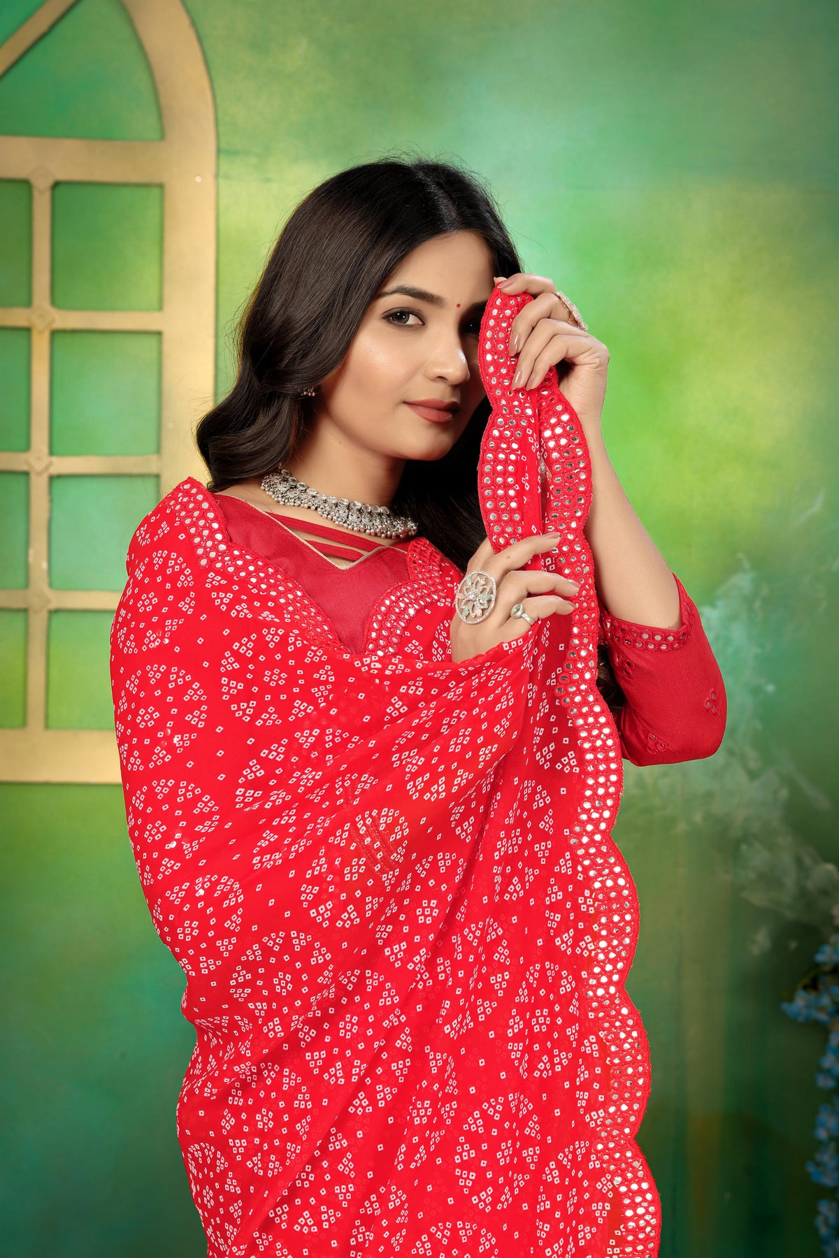 Red Bandhej Mirror Work Saree
