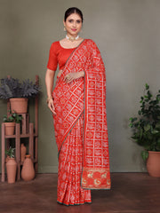 Red Gujarati Bandhani Handprint Saree For Diwali