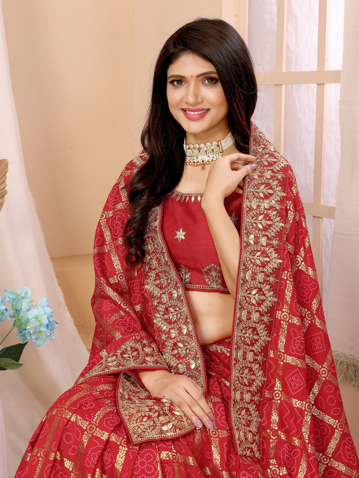 Red Vichitra Silk Traditional Bandhani Saree For Diwali