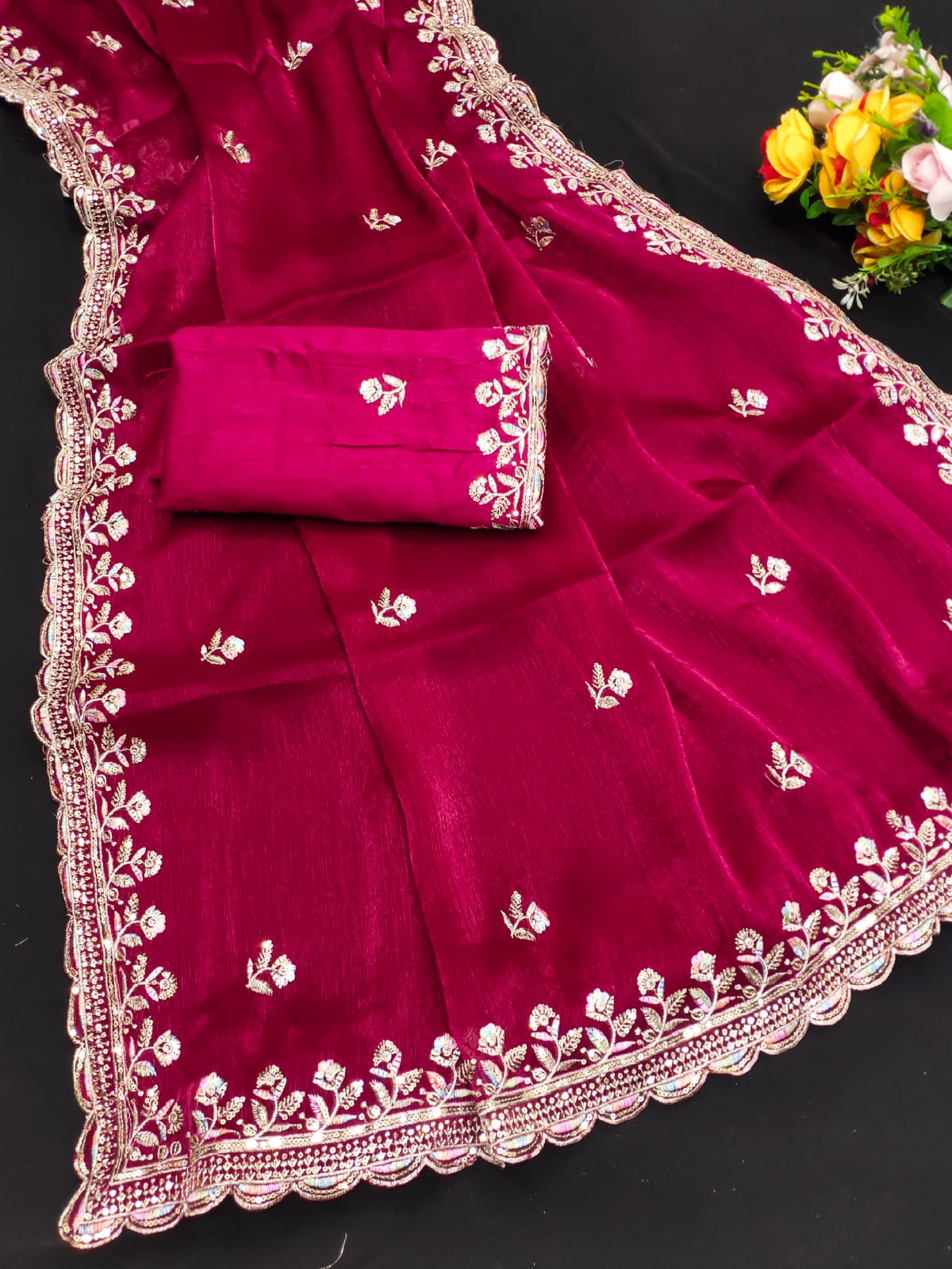 Red silk saree with cut work border design