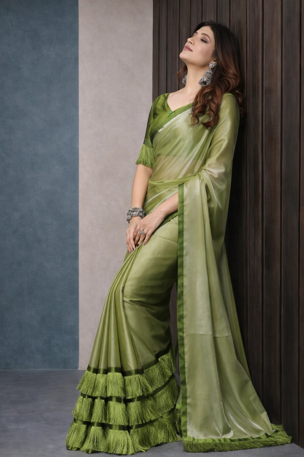 Green Satin Silk Resha Latkan Saree