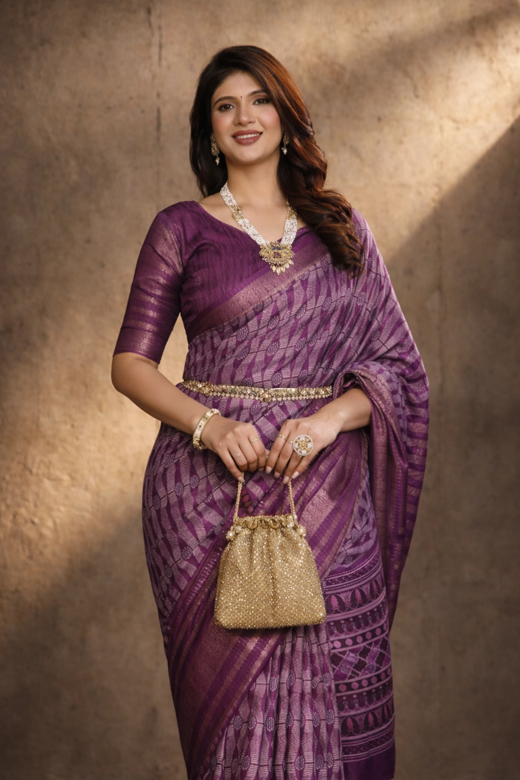 Purple Dola Silk Geometry Printed Saree