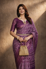 Purple Dola Silk Geometry Printed Saree