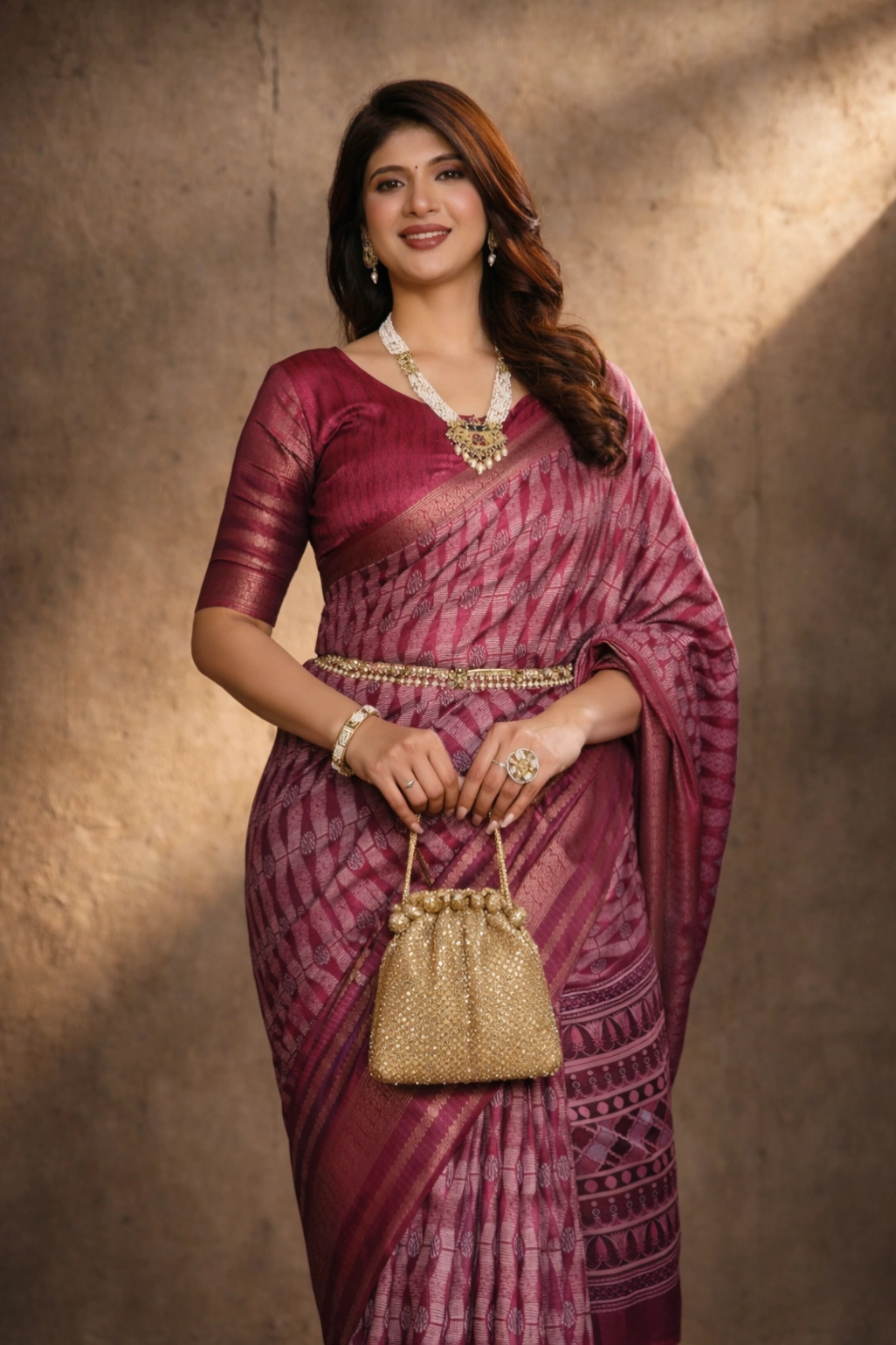 Reddish Pink Dola Silk Geometry Printed Saree