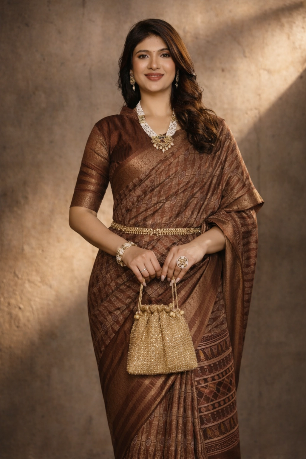 Brown Dola Silk Geometry Printed Saree