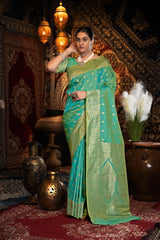 Green Banarasi silk blend saree with zari woven border