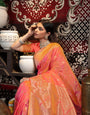 Peach Banarasi silk blend saree with zari woven border