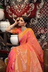 Peach Banarasi silk blend saree with zari woven border