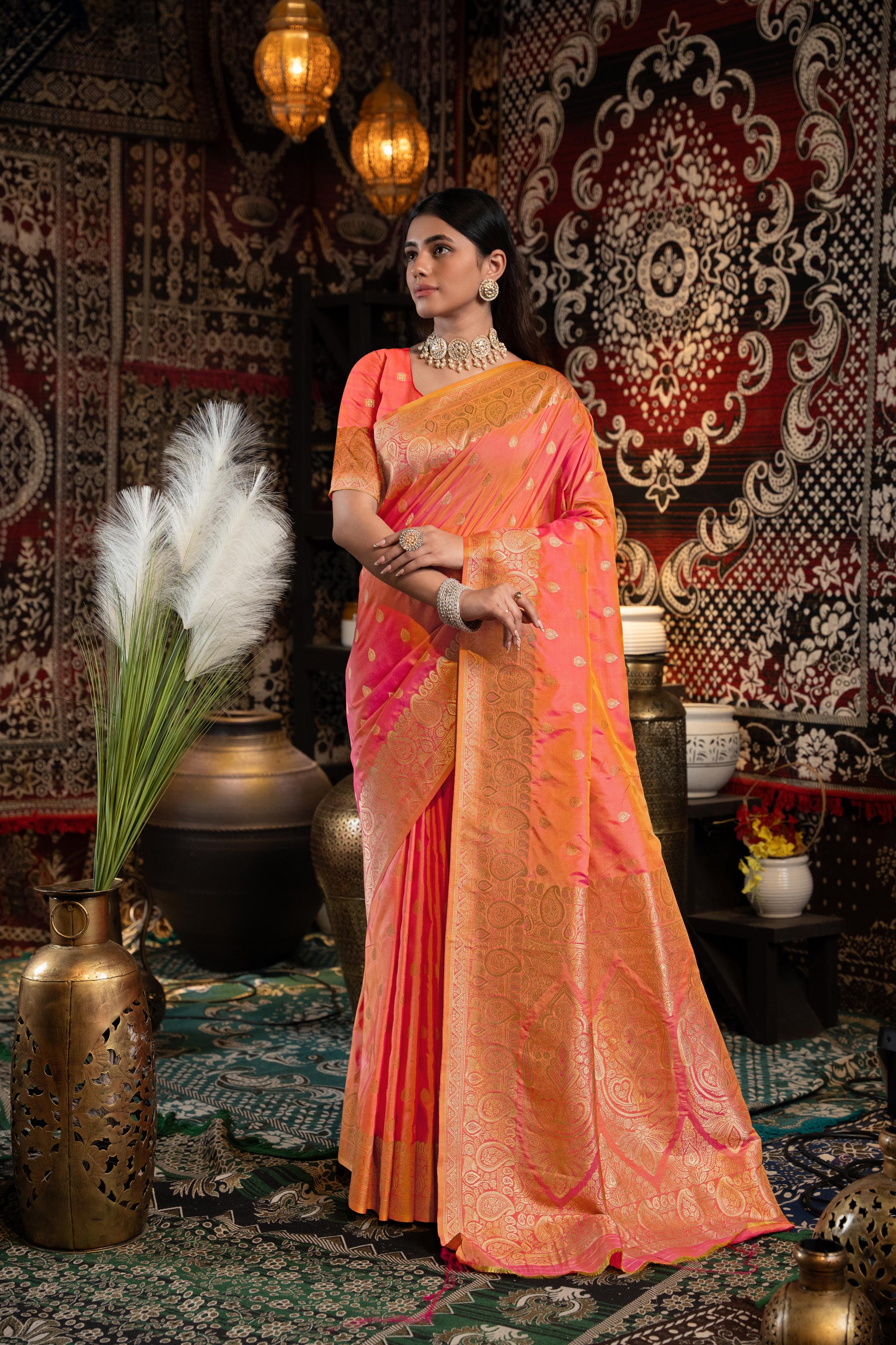 Peach Banarasi silk blend saree with zari woven border