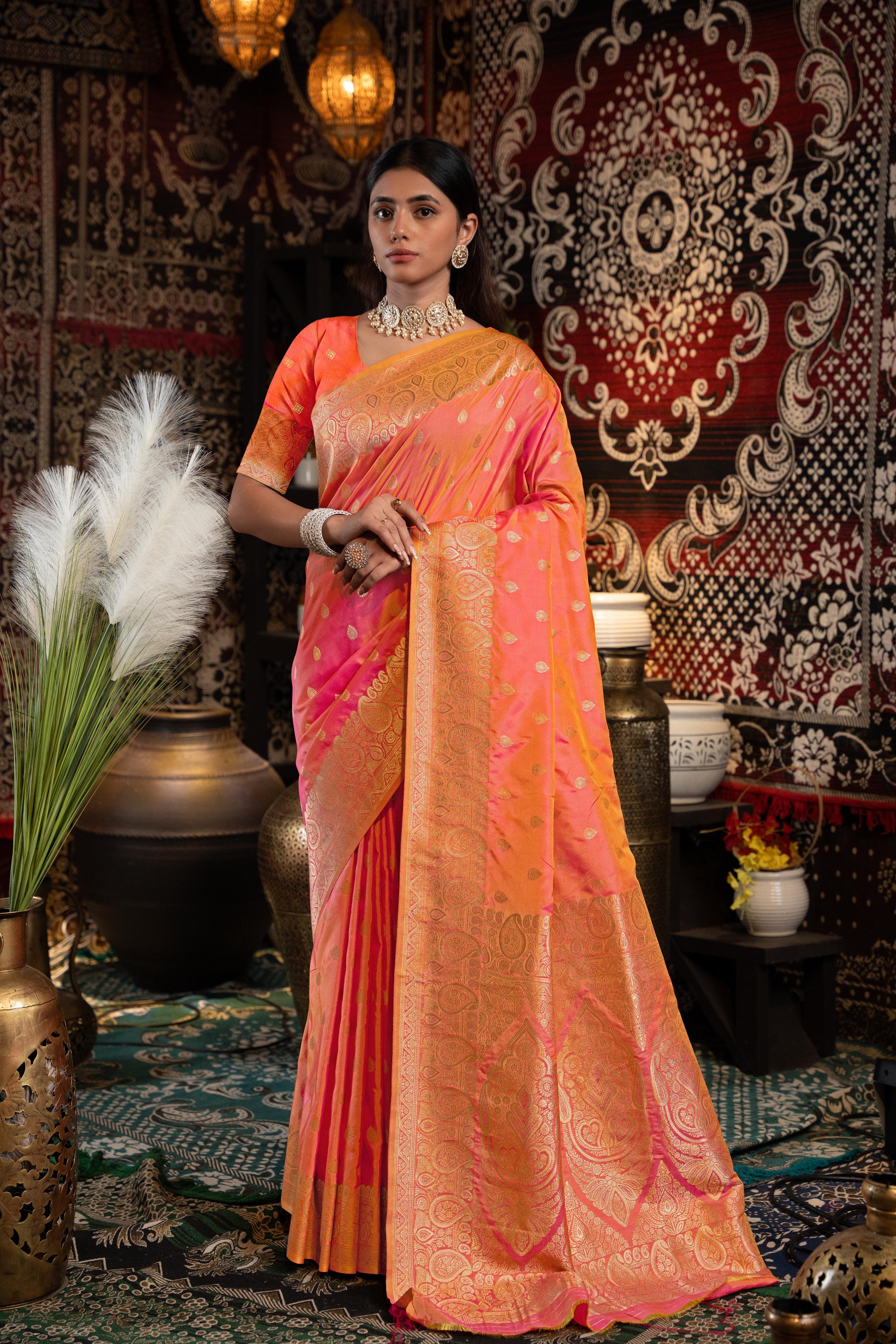 Peach Banarasi silk blend saree with zari woven border