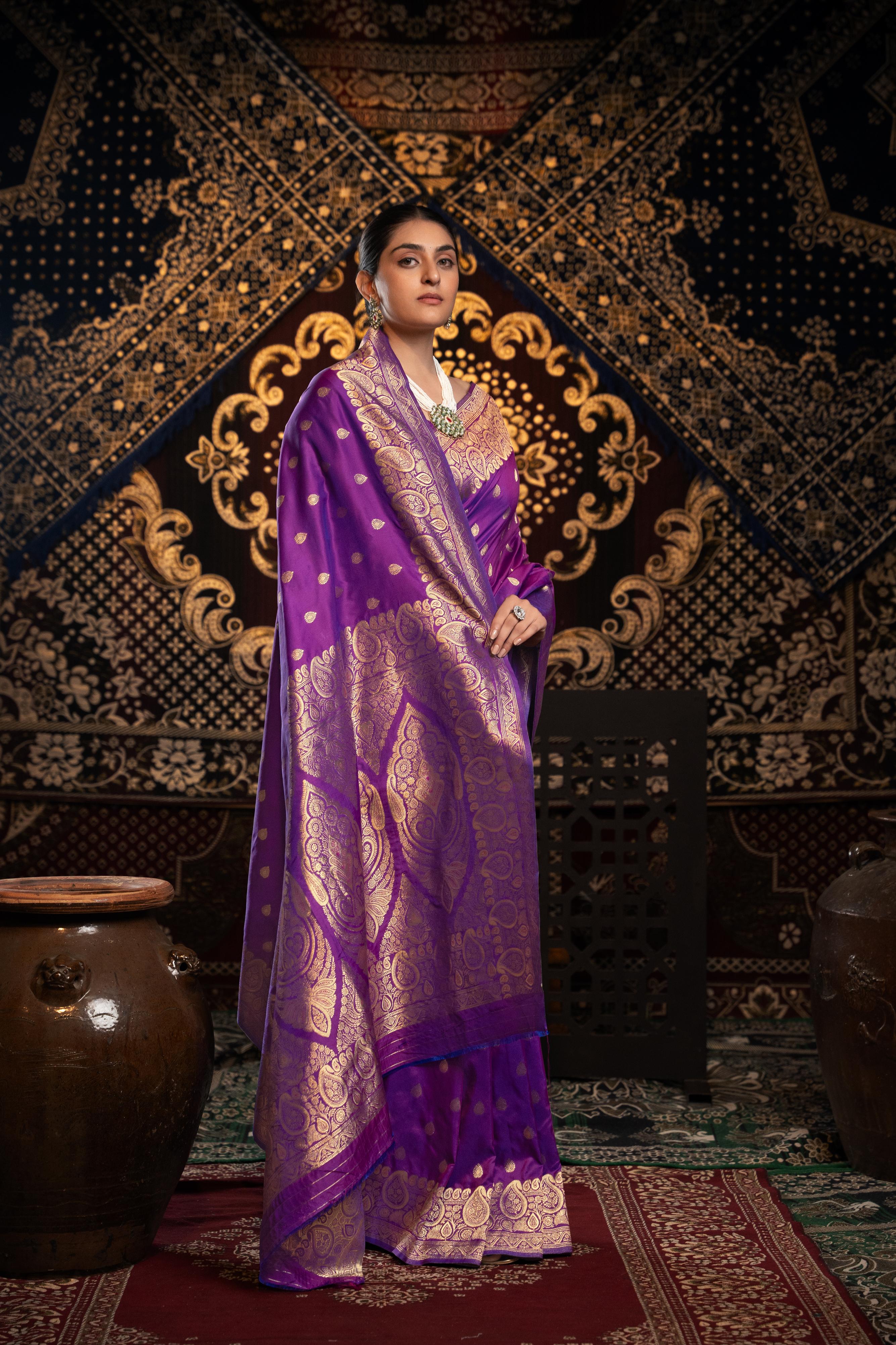 Purple Banarasi silk blend saree with zari woven border