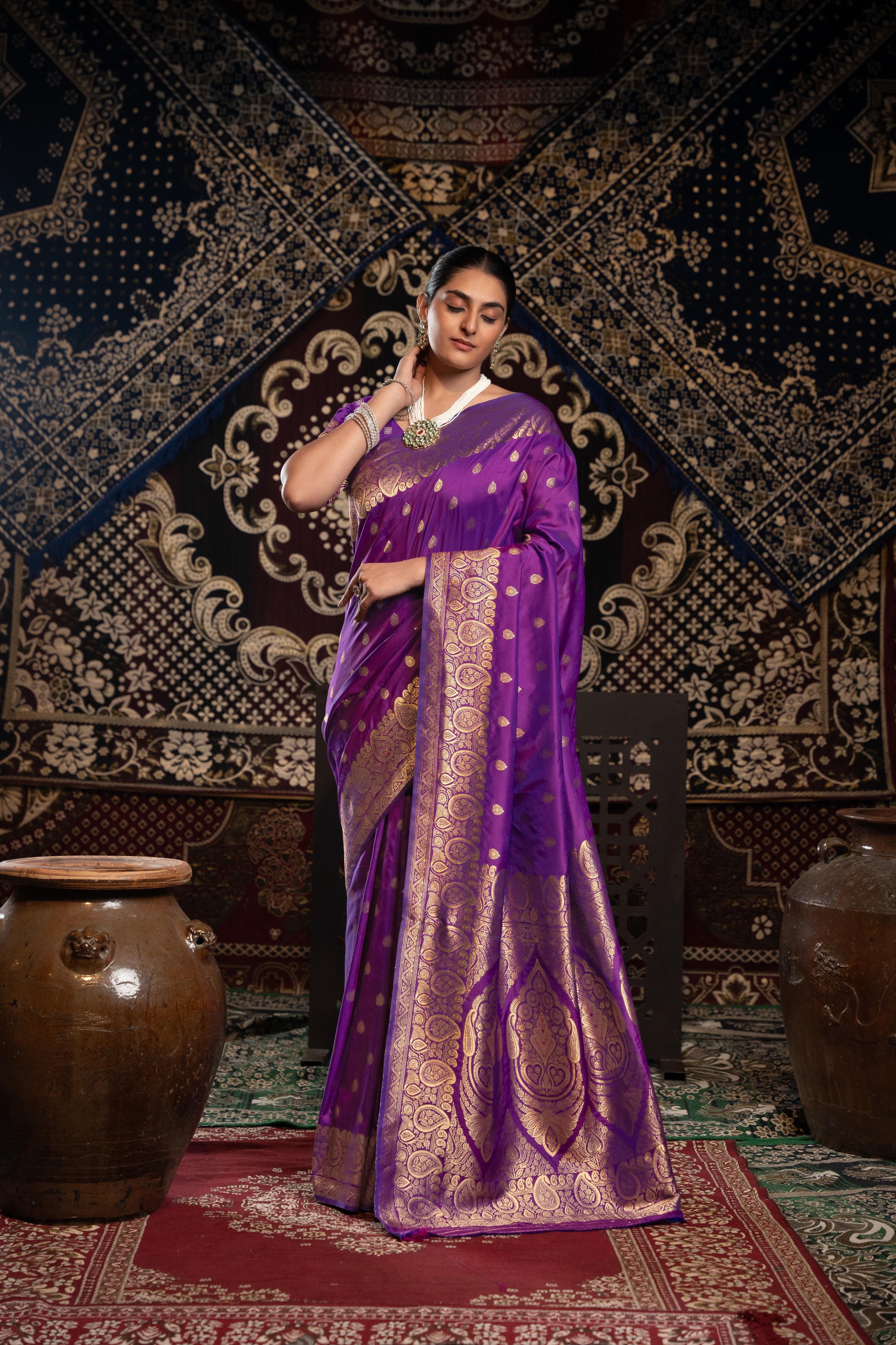 Purple Banarasi silk blend saree with zari woven border