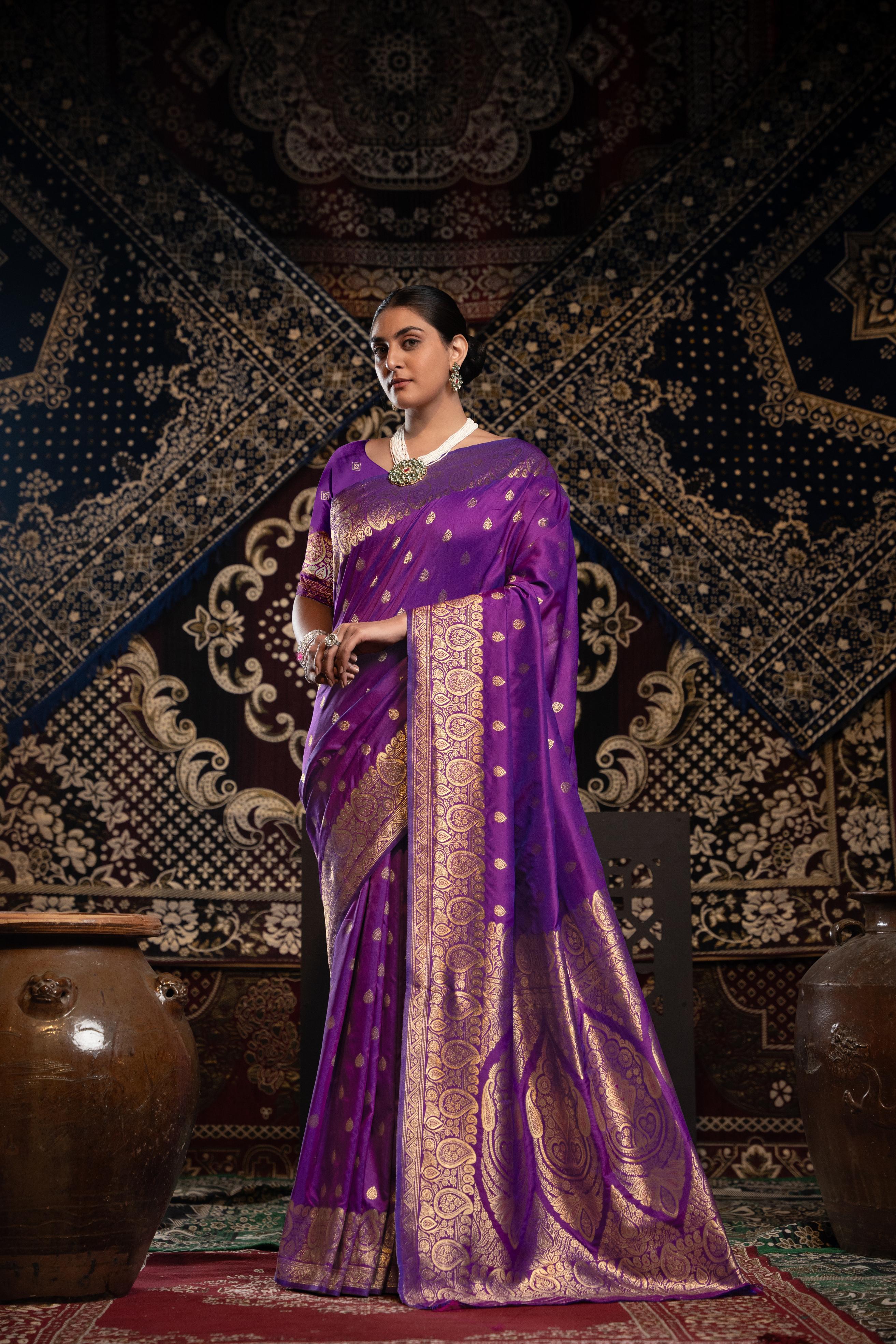 Purple Banarasi silk blend saree with zari woven border