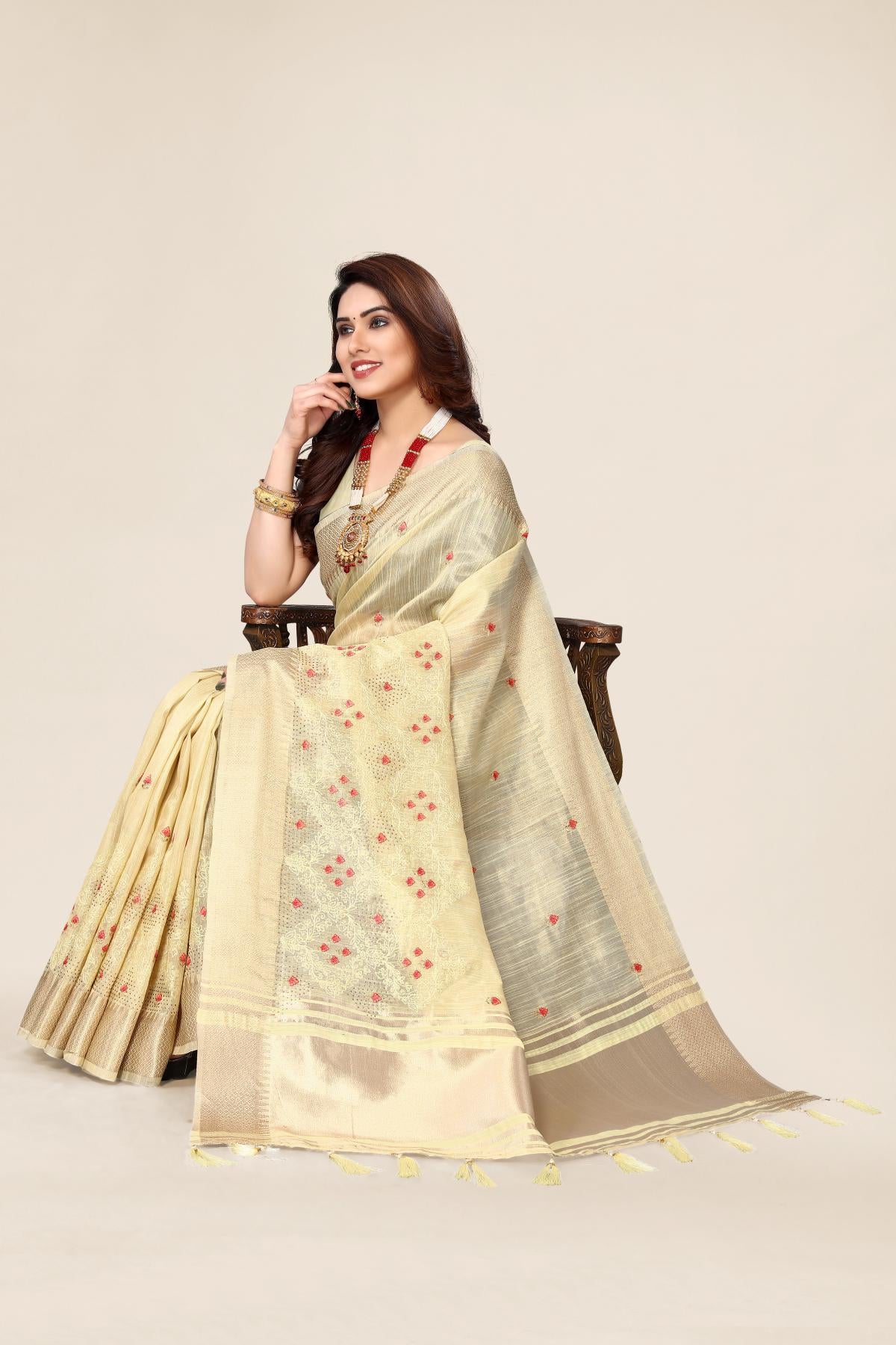 Cream cotton Fabric saree with Embroidery work