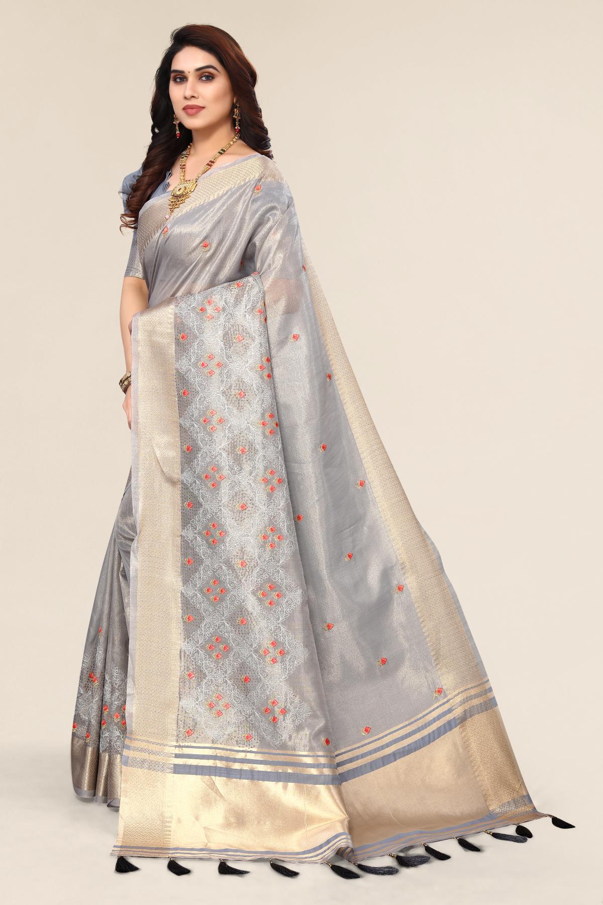 Grey  cotton Fabric saree with Embroidery work