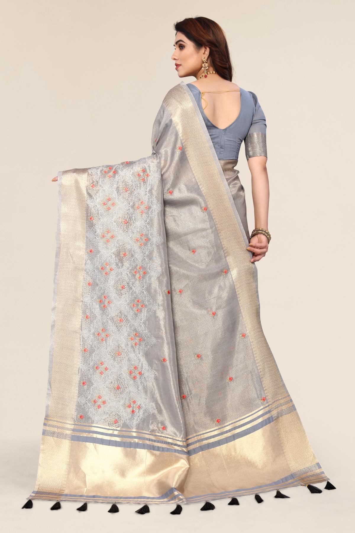 Grey  cotton Fabric saree with Embroidery work