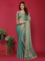 Sea Green Satin Silk Handwork Saree