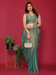 Sea Green Satin Silk Handwork Saree