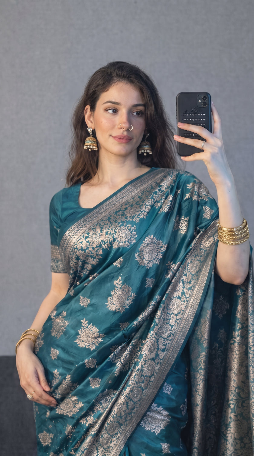 Rama Banarasi Silk Zari Saree Styled by Rachita