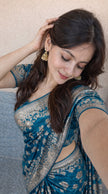 Teal Blue Banarasi Silk Gold Zari work Saree