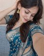 Teal Blue Banarasi Silk Gold Zari work Saree