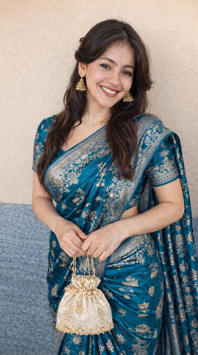 Teal Blue Banarasi Silk Gold Zari work Saree
