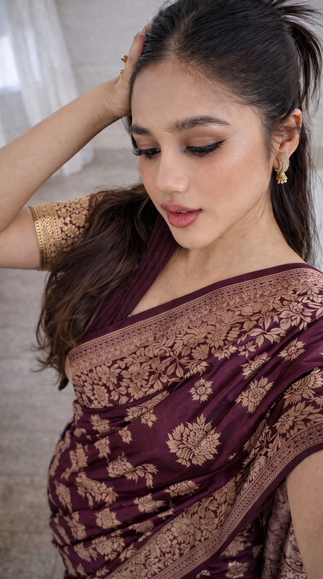 Wine Banarasi Silk Zari Saree Styled by Shruti