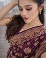 Wine Banarasi Silk Zari Saree Styled by Shruti