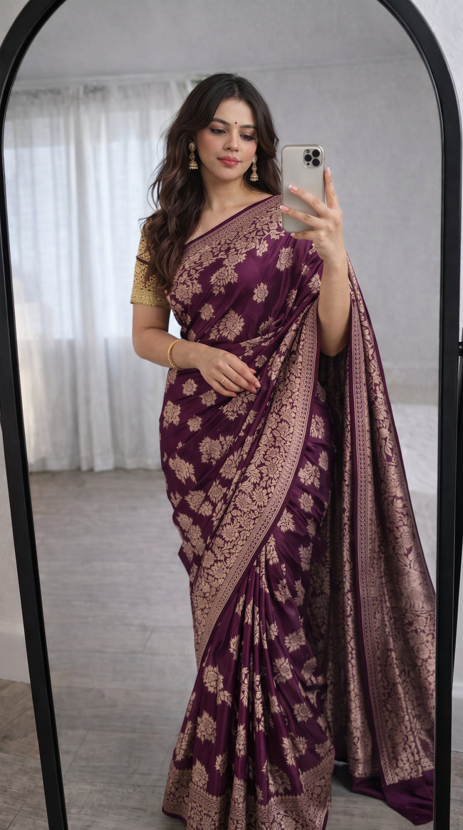 Wine Banarasi Silk Zari Saree Styled by Shruti