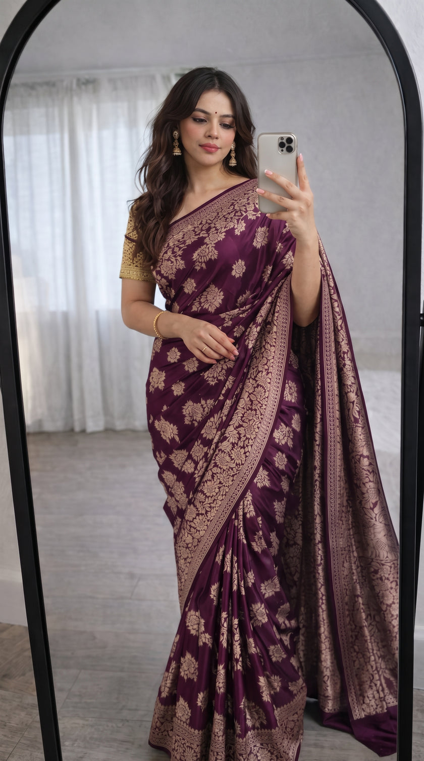 Wine Banarasi Silk Zari Saree Styled by Shruti
